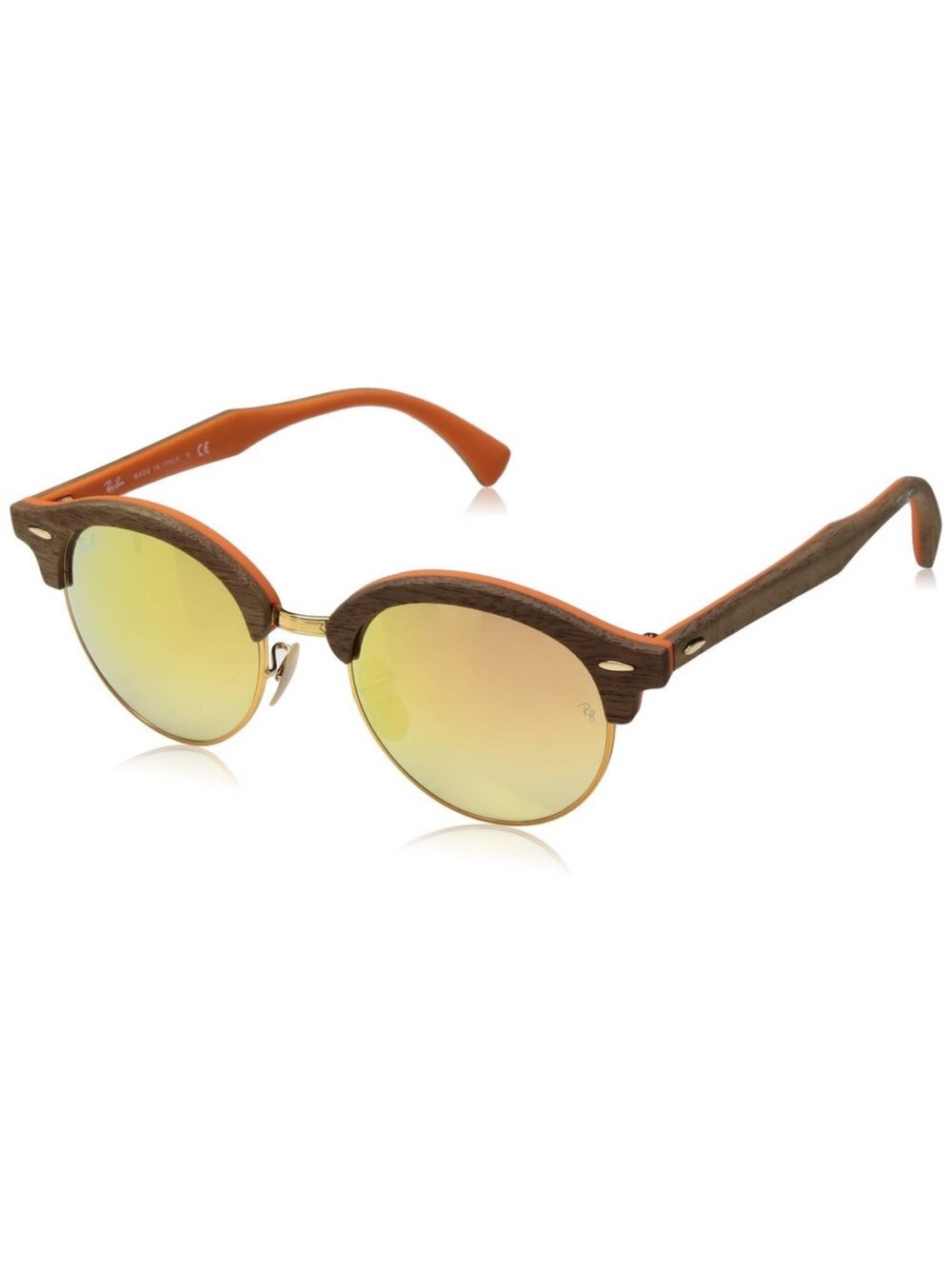 RAY-BAN Clubround Wood Sunglasses in Gradient Brown w/ Mirror Pink Lenses